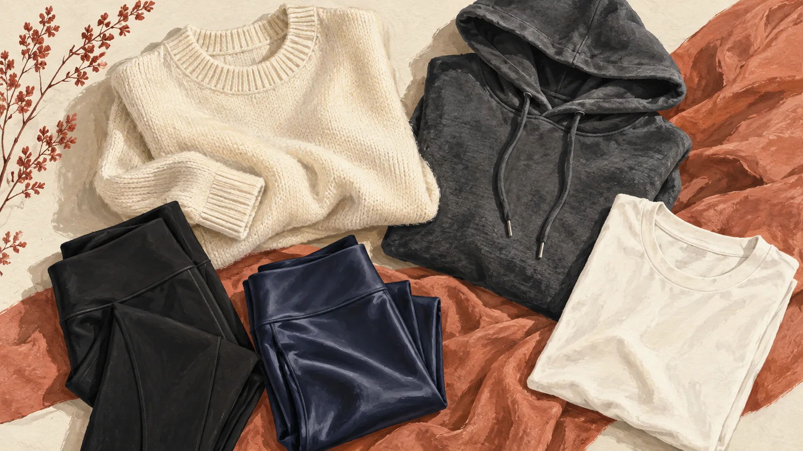 Editorial illustration of an ivory knit, charcoal hoodie, dark leggings, and a cotton tee arranged as a casual wardrobe